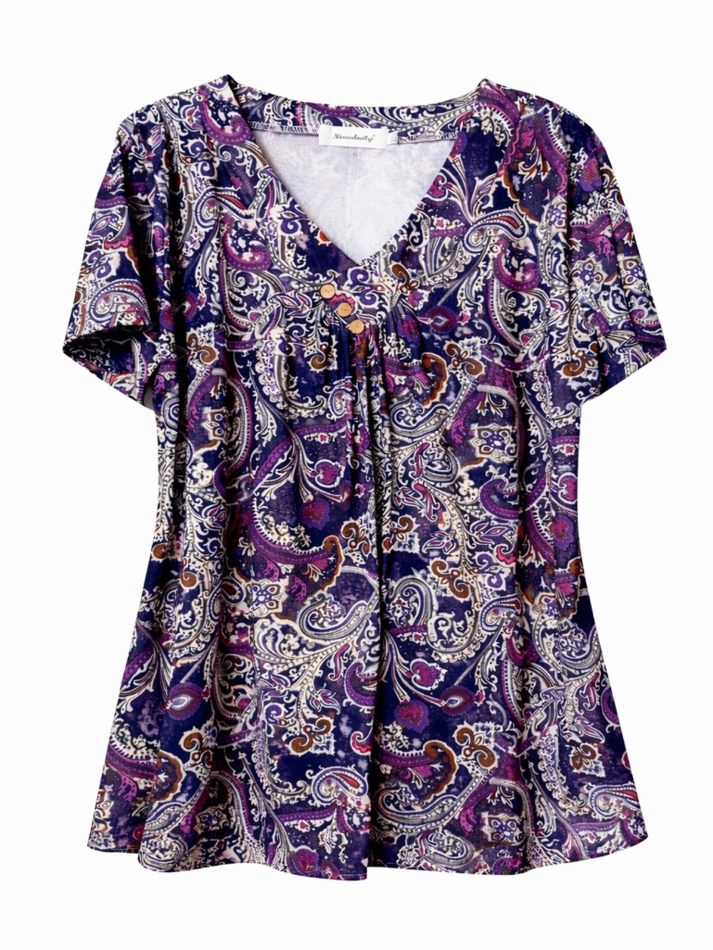 Women 2XL Paisley Boho Tunic Top Plus Size V Neck Short Sleeve